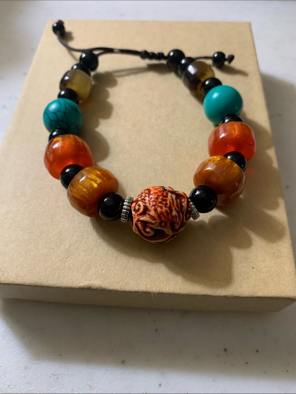 Turquoise & Amber Beaded Bracelet with Carved Focal Bead